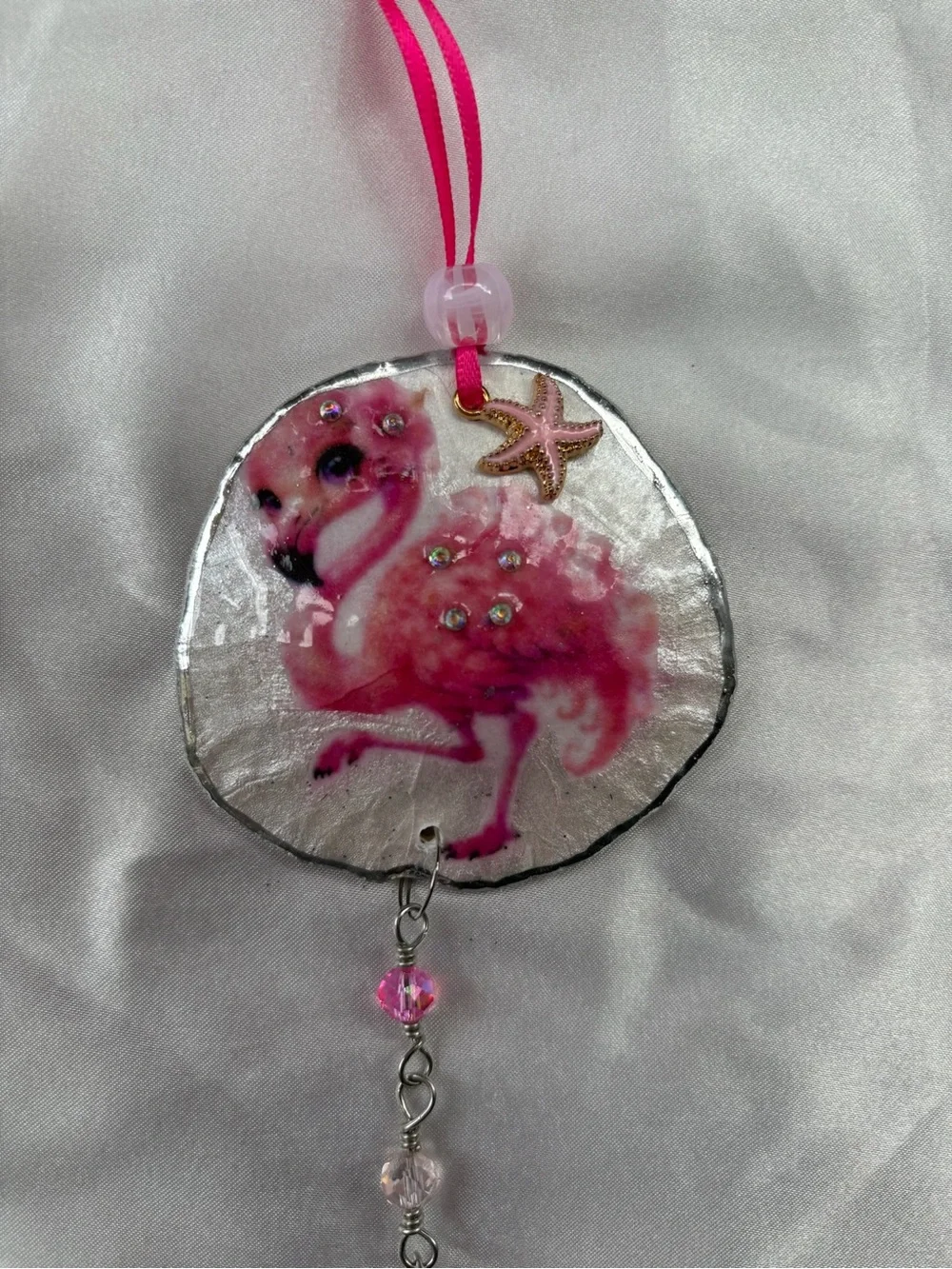 Pink Flamingo Decoupage Sand Dollar Crystal Sun Catcher